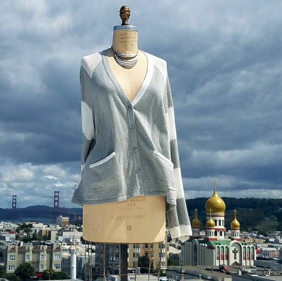 Sweaters - Grey & White Striped Breezy Cardigan, Sz L